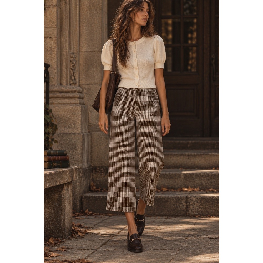 Zara Woman Black White Houndstooth Wide Leg Culotte Pants High Rise Small 32031